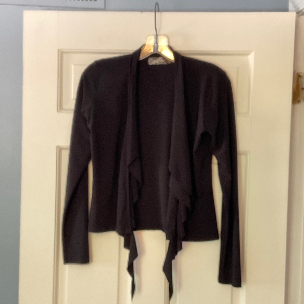 Sympli Black Open Front Waterfall Tie Cardigan Matte Jersey Made in Canada 4